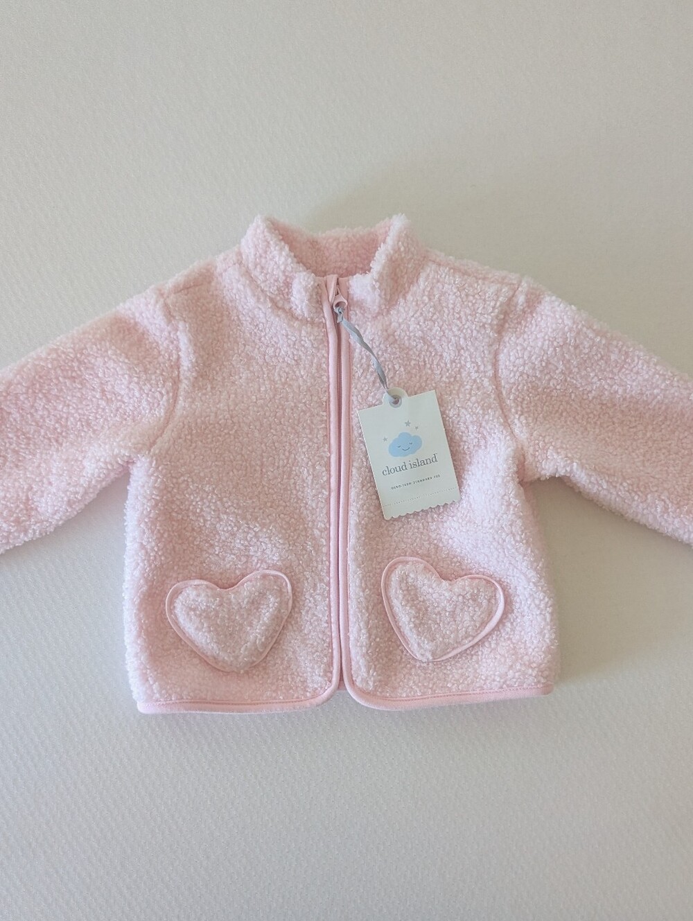 NWT Cloud Island Baby Girl Heart Pockets Pink Fuzzy Zip-Up Jacket Sz 12M